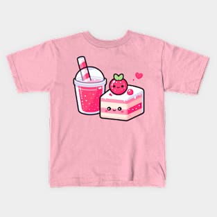 Kawaii Style Cute Strawberry Cake and Drink | Cutesy Design for Kawaii Food Lovers Kids T-Shirt